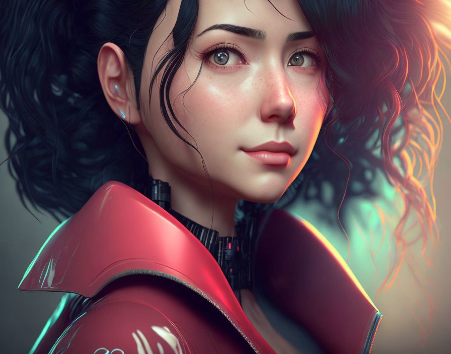 Dark Curly-Haired Woman in Futuristic Red Outfit Portrait