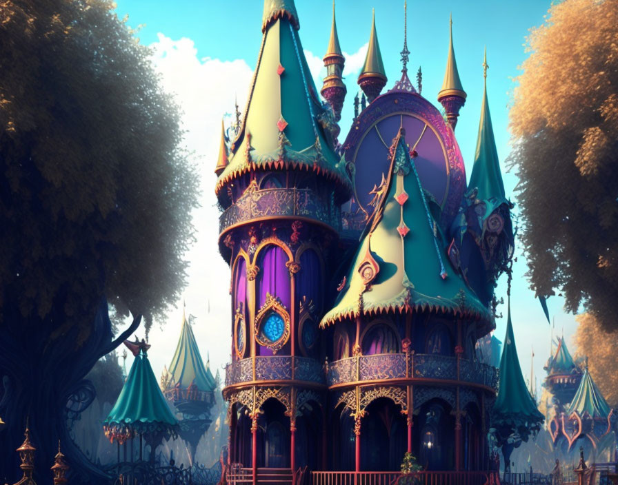 Whimsical fairy tale castle illustration with ornate spires