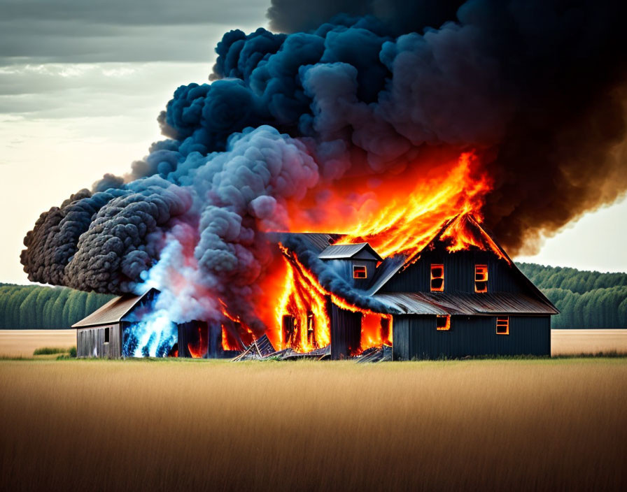 House engulfed in raging fire with intense flames and thick smoke in vast field