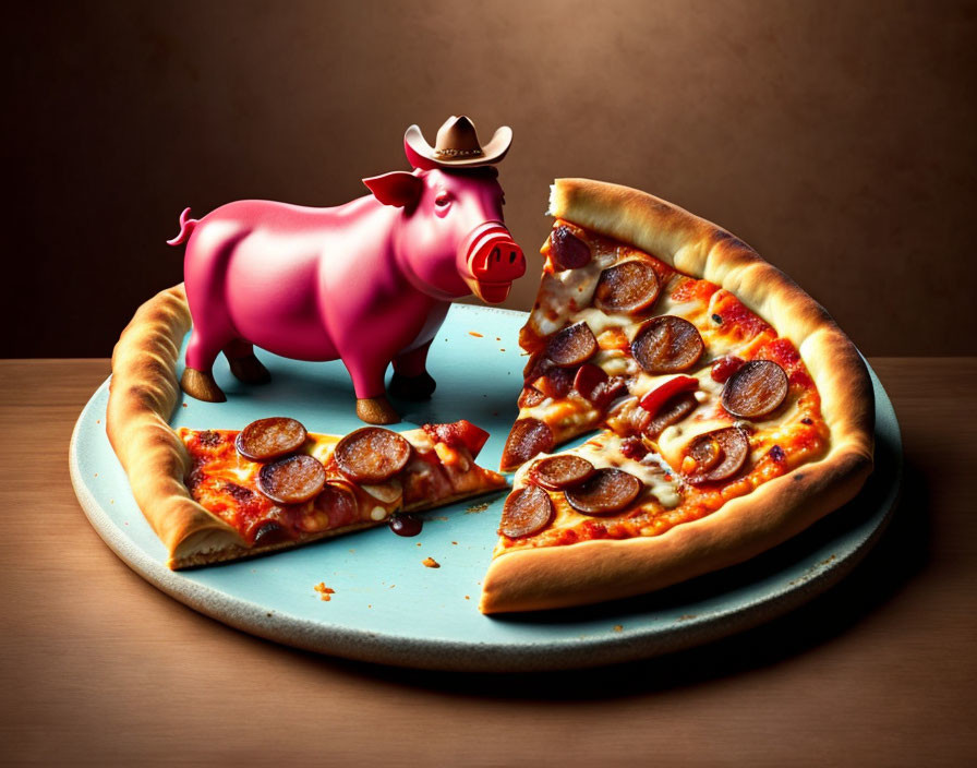 Cartoon Pig in Cowboy Hat with Pepperoni Pizza on Blue Plate