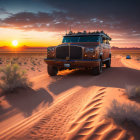 Custom truck drives on desert road at sunset with long shadows and clear skies.