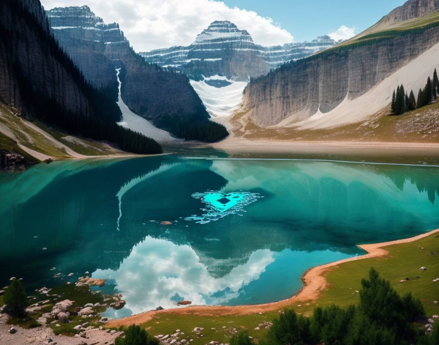 Tranquil Turquoise Lake Surrounded by Mountain Ridges and Beachfront