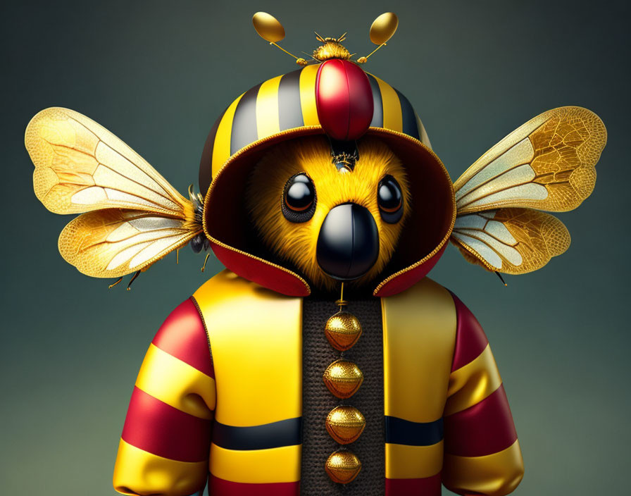 Character illustration with bee-like features: wings, antennae, striped attire, cute expression