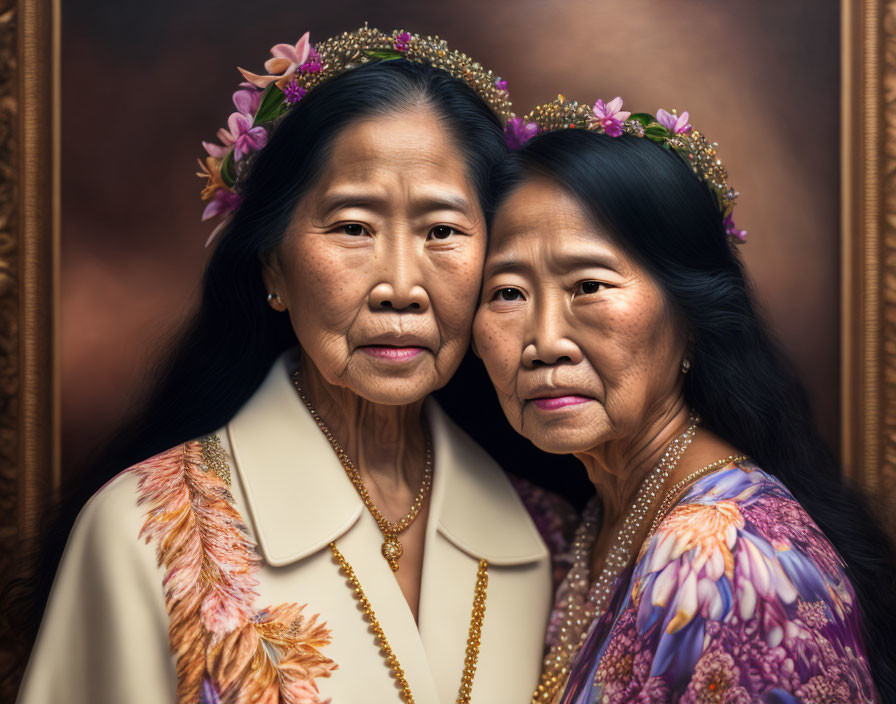 Elderly women in flower crowns and traditional attire in classical portrait style