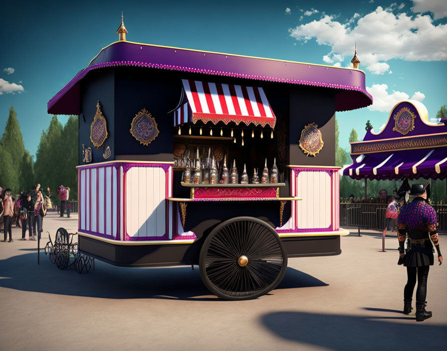 Festive carnival food cart with striped awning and wheels at outdoor event