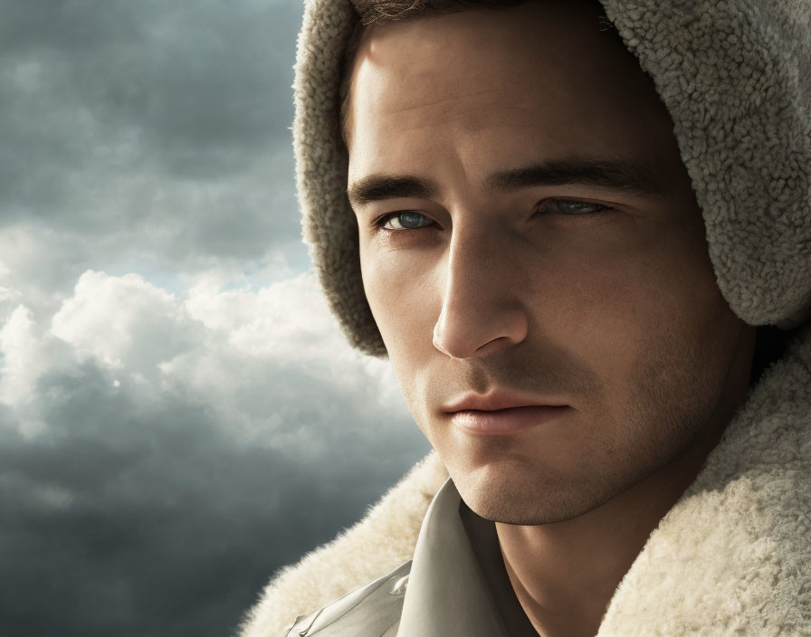 Fair-skinned person in shearling jacket gazes into distance under dramatic clouds