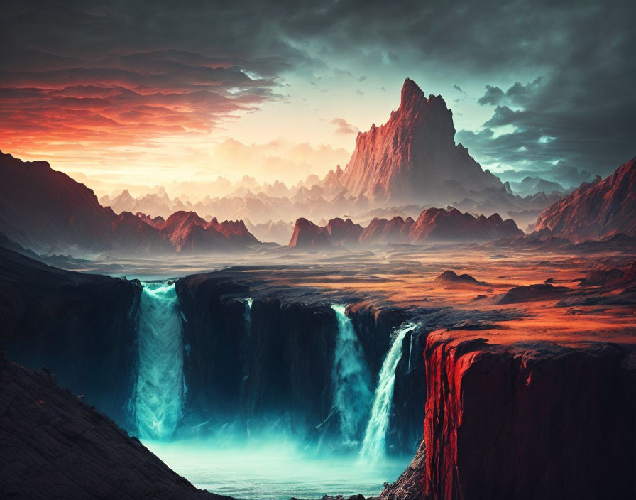 Majestic waterfall cascading in dramatic landscape