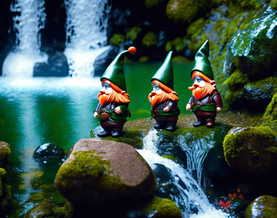 Garden Gnome Figurines by Mossy Stream with Waterfall