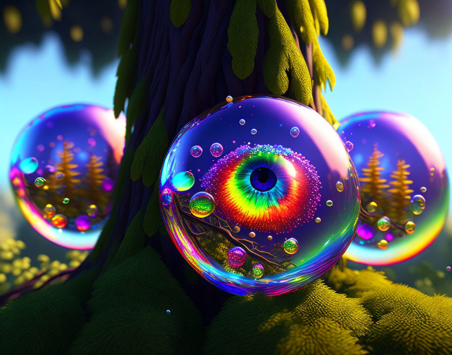 Colorful soap bubbles with eye design on mossy ground near tree, reflecting surroundings.