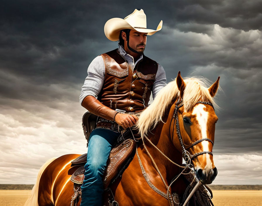 Cowboy in traditional attire riding horse under dramatic sky