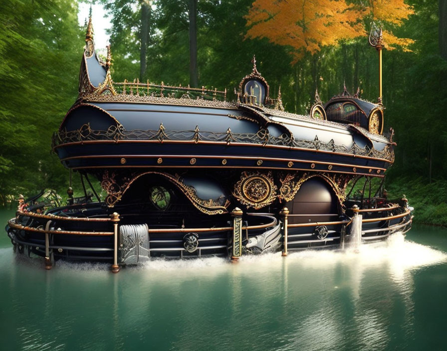 Intricate Steampunk-style Boat on Tranquil Waters