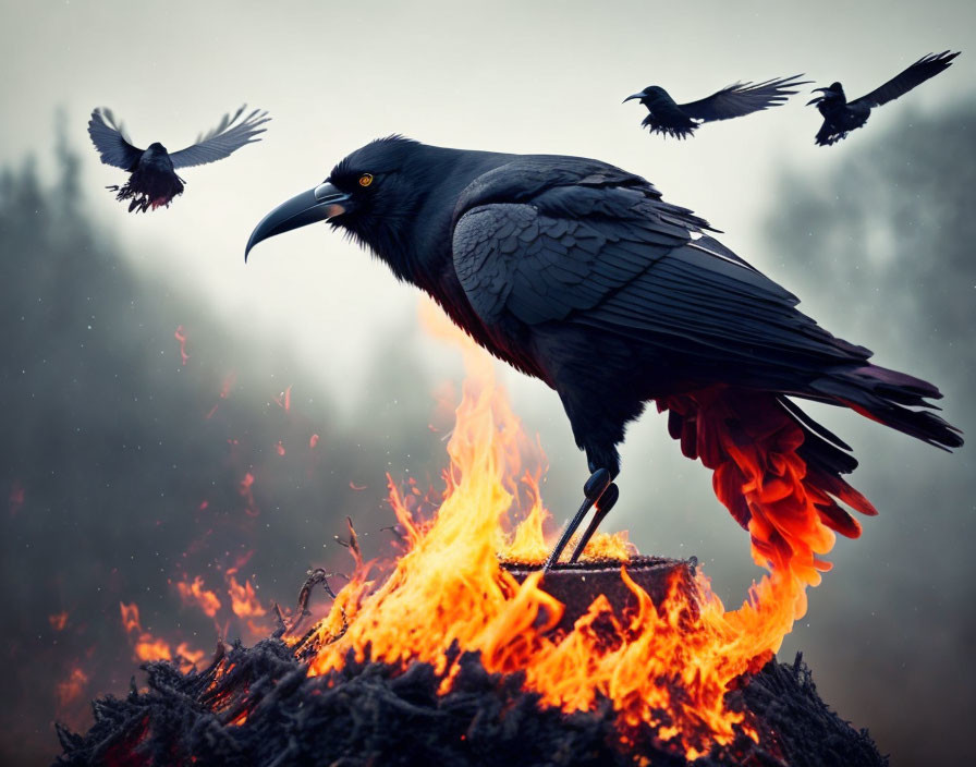 Raven perched on flaming mound with flying birds in hazy background