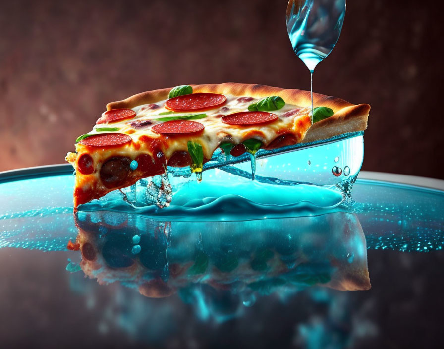 Pepperoni pizza slice with melting cheese on whimsical water splash backdrop