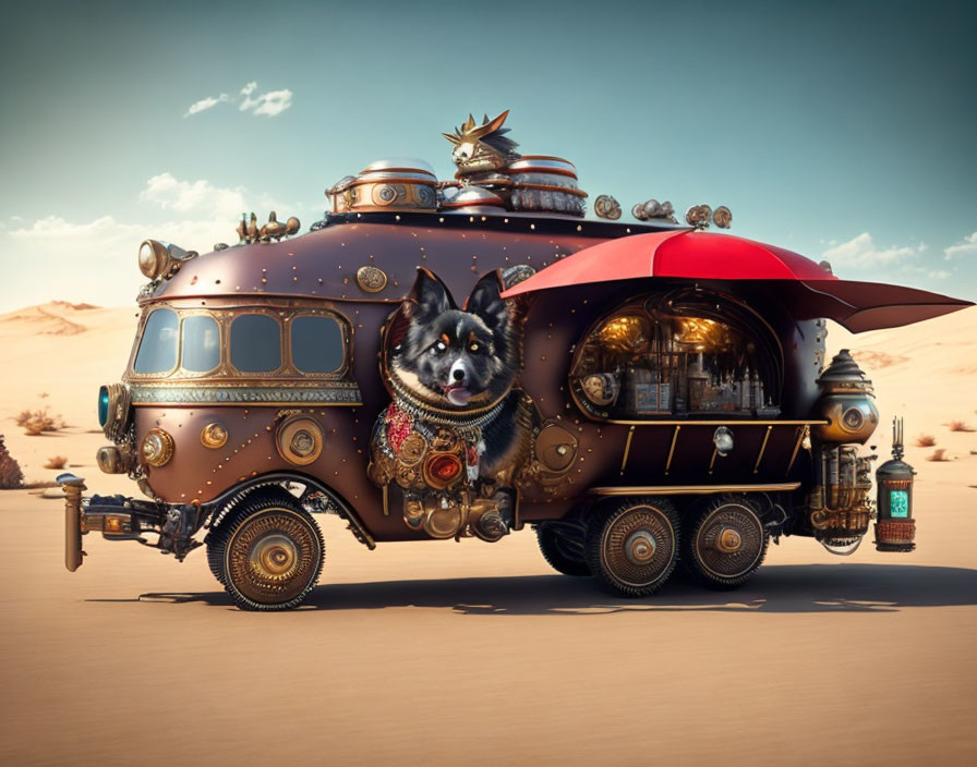 Steampunk-style bus with circular windows in desert setting, featuring a happy dog.