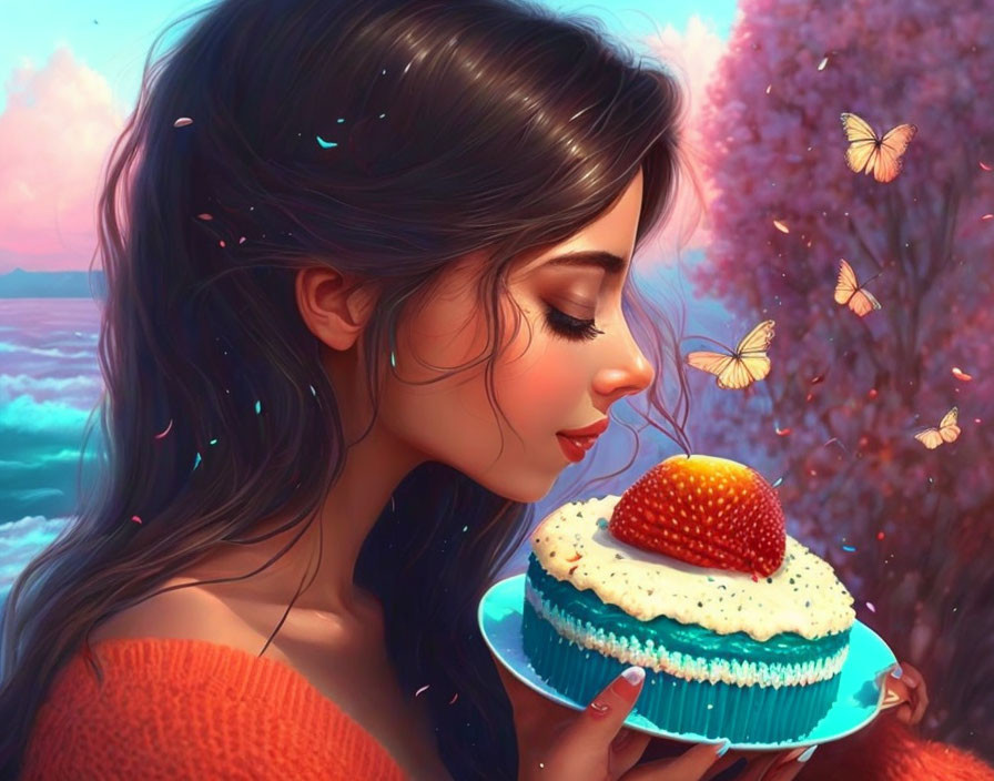 Dark-haired woman holding large cupcake with strawberry, surrounded by butterflies on colorful background