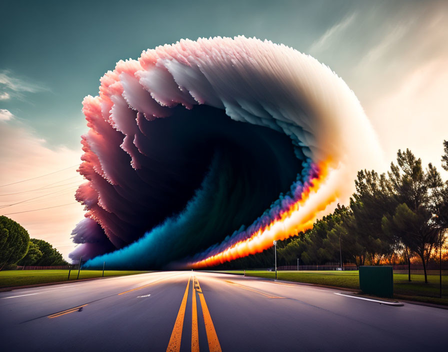 Colorful surreal swirl over straight road with trees: a striking contrast.