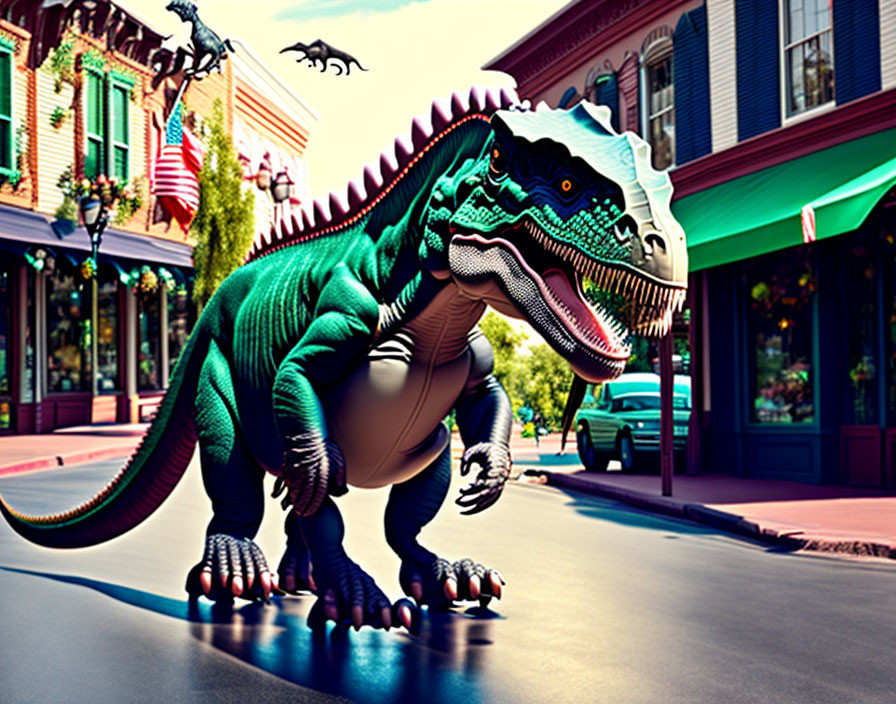 Vibrant digital dinosaur in city scene with vintage buildings and American flags