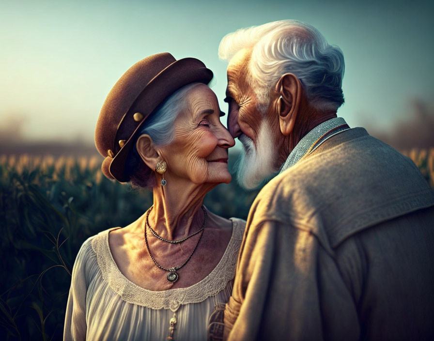 Elderly couple smiling affectionately in sunset field