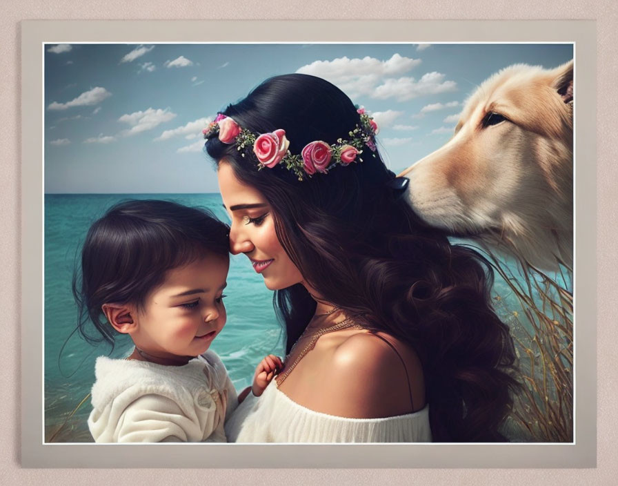 Woman with floral headband smiling at baby near gentle dog on beach.