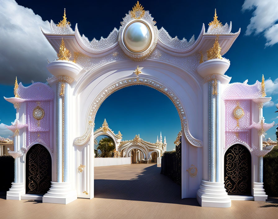 White and Gold Ornate Gate with Traditional Architectural Details