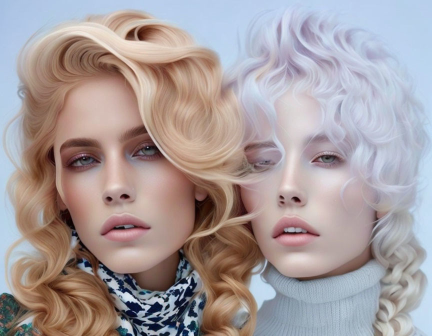 Two women with voluminous curly hair, one blonde and one with white hair, posing close together on