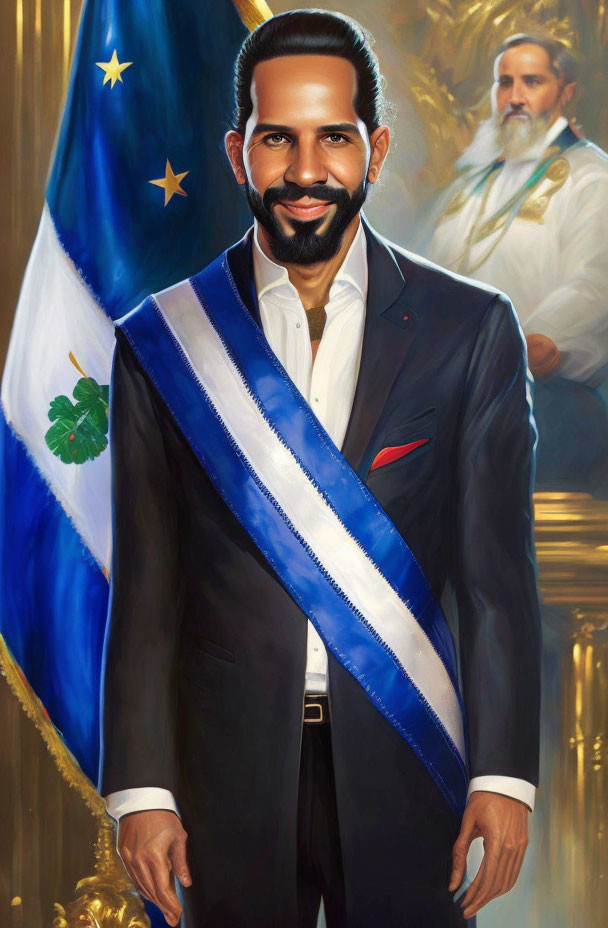 Bearded man in suit and sash smiles before flag with stars