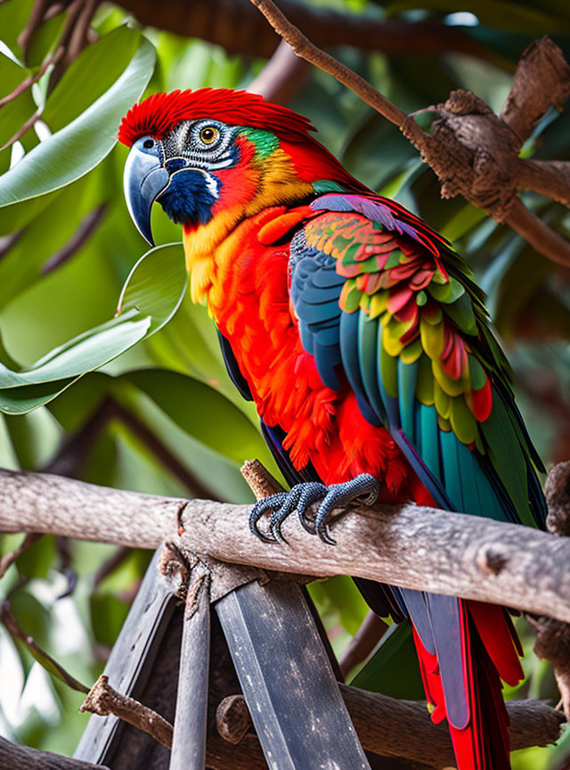 Colorful Macaw Perched on Branch with Vibrant Feathers