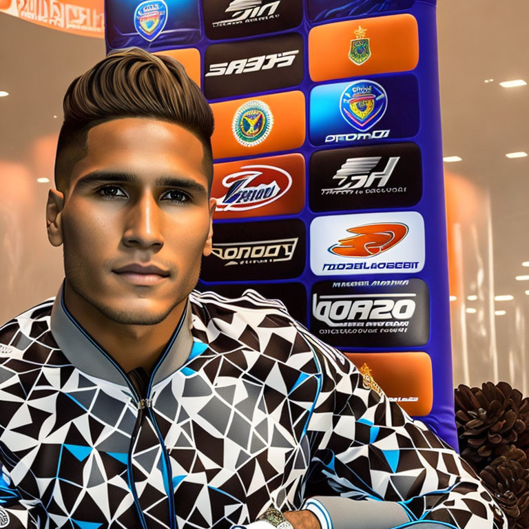 Geometric-patterned jacket on man in digital portrait