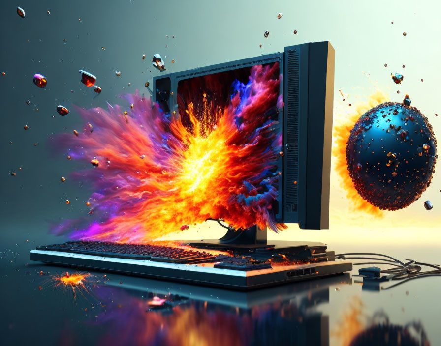 Colorful Explosive Computer Monitor Display with Floating Liquid Droplets