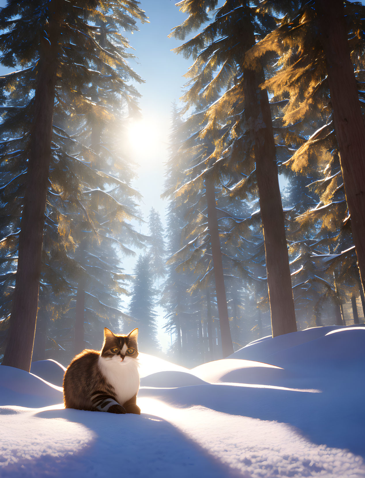 Cat in Snowy Forest with Sunbeams Through Pine Trees