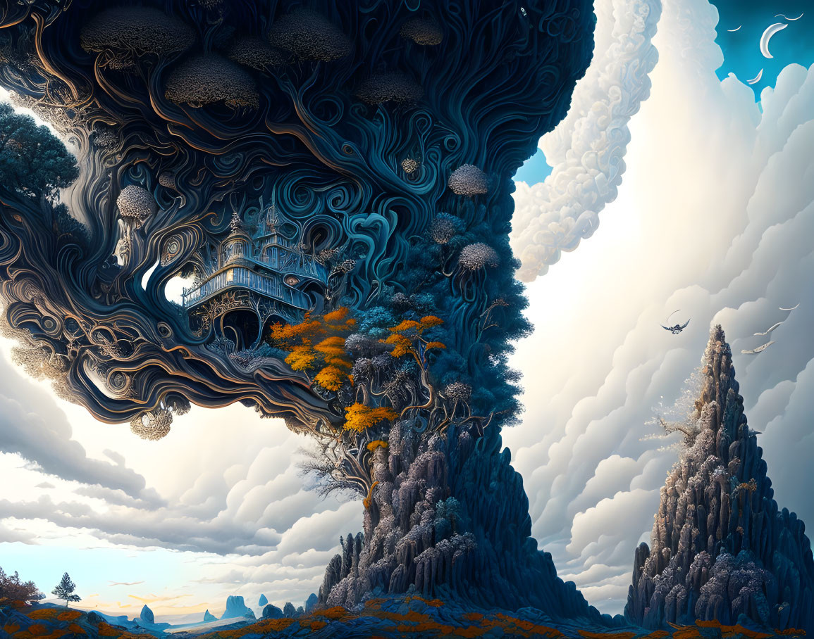 Fantastical landscape with swirling clouds, whimsical treehouse, autumn trees, and distant mountains under