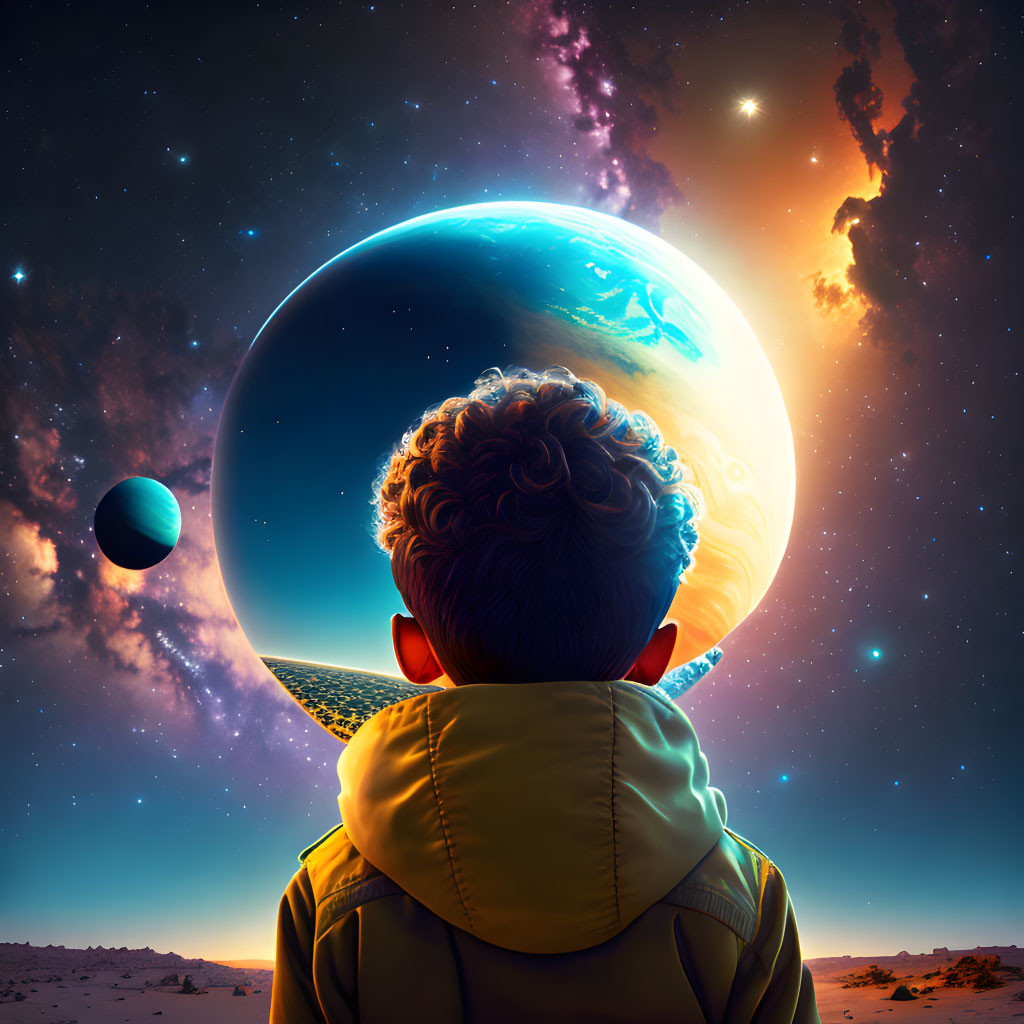 Child in green jacket marvels at cosmic scene with planets and starry sky