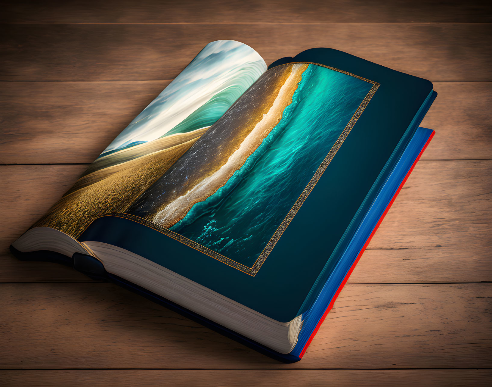 Realistic ocean waves in open book on wood surface