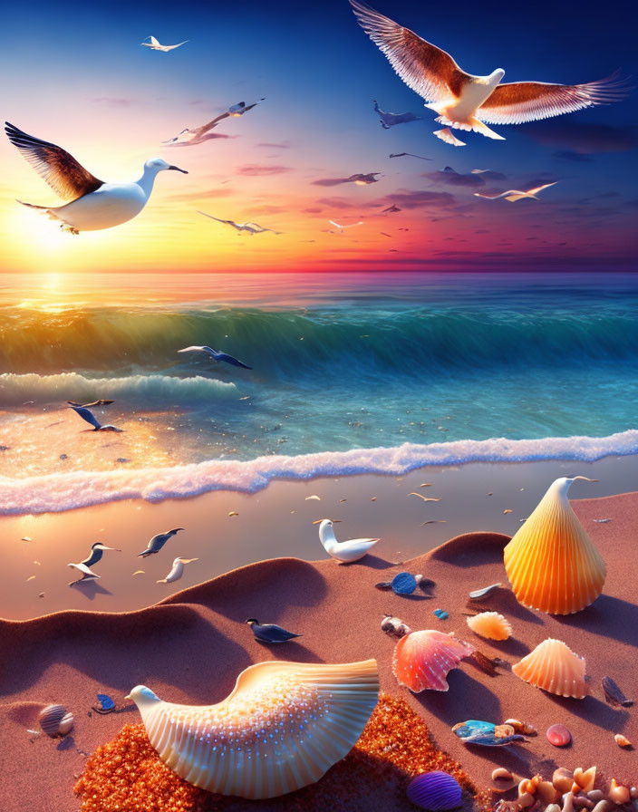 Vibrant beach scene: seagulls, colorful shells, sunset.