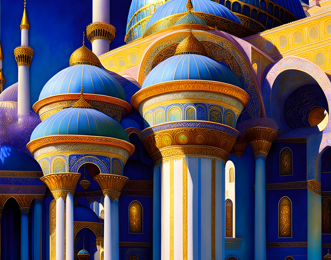 Ornate Blue and Gold Mosque with Domes and Minarets