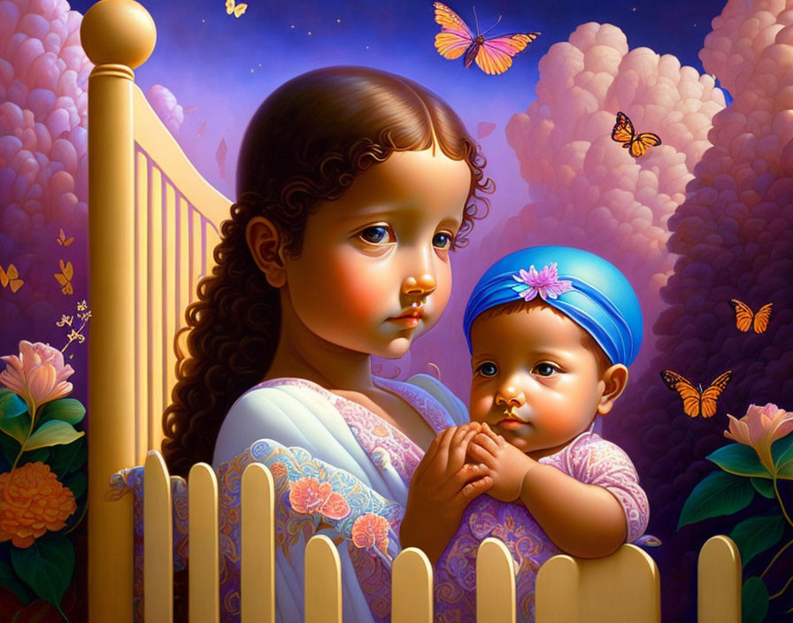 Digital art: Girl with curly hair holding baby by fence, butterflies, vibrant twilight sky