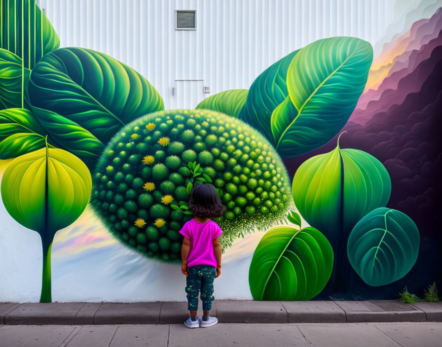 Child in front of vibrant green leaves and yellow flowers mural