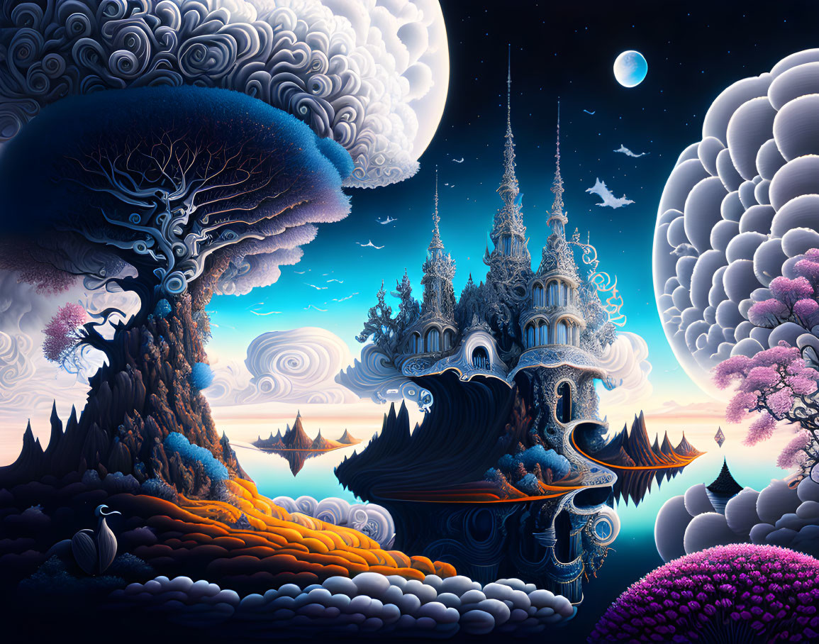 Fantasy landscape with whimsical trees, castle, floating islands, and starry sky