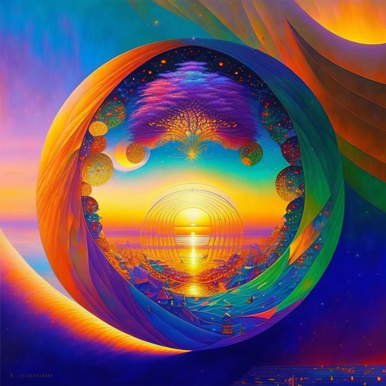 Surreal cosmic painting with tree of life and celestial orbs