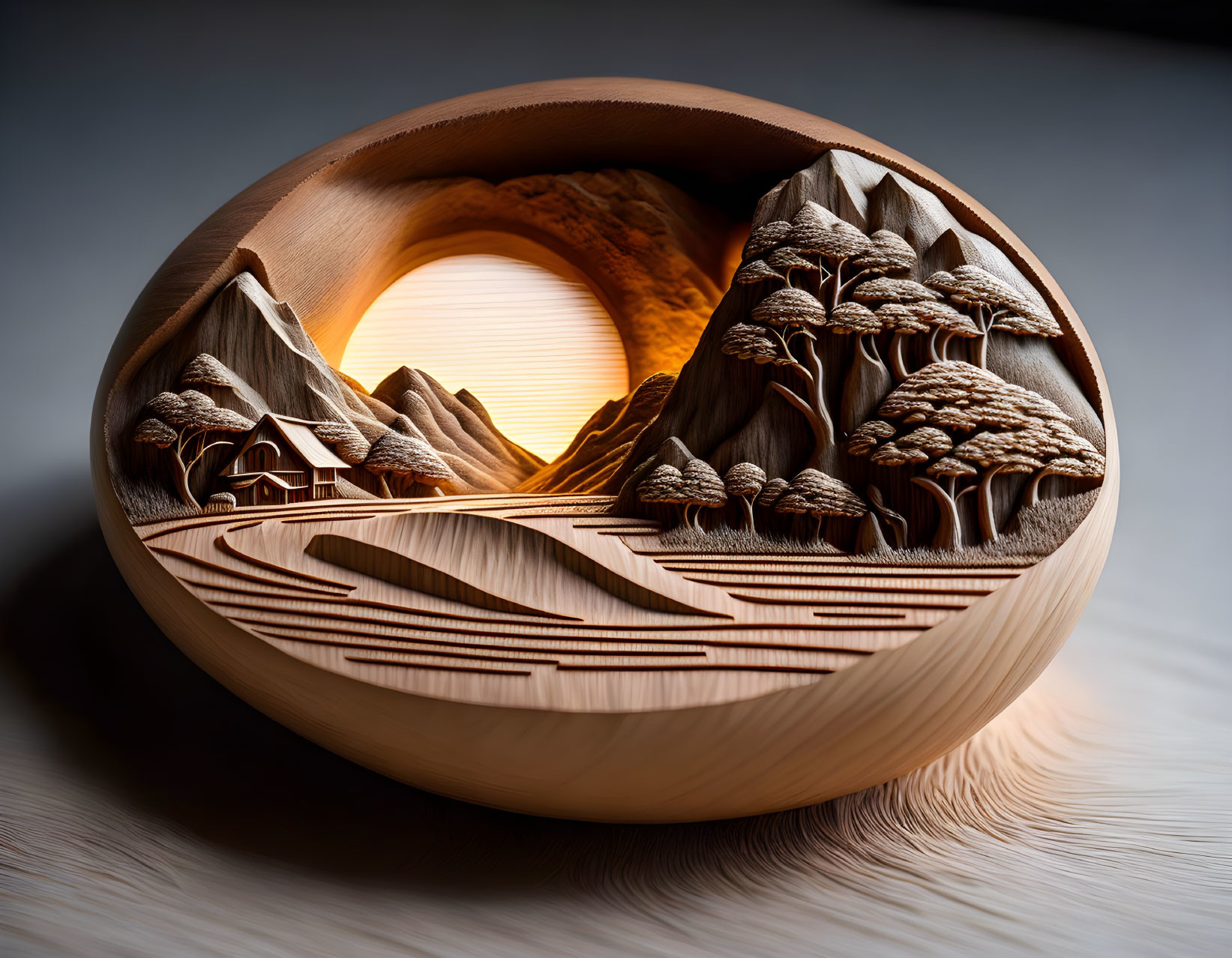 Detailed 3D wooden carving of landscape with mountains, trees, house, and water