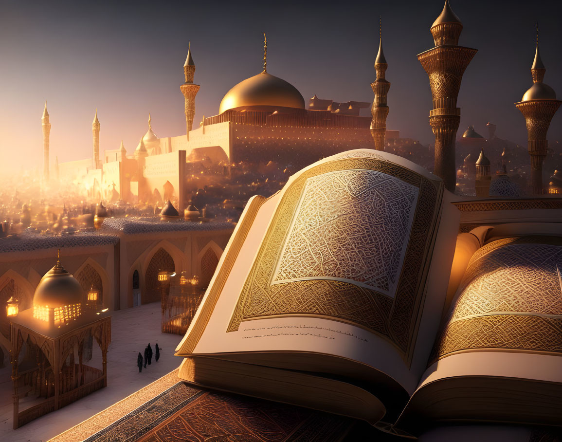 Intricate design book with illuminated mosque at sunset