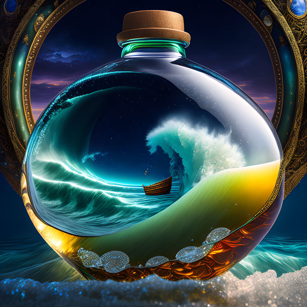 Ocean Scene in Sealed Bottle with Boat and Night Sky