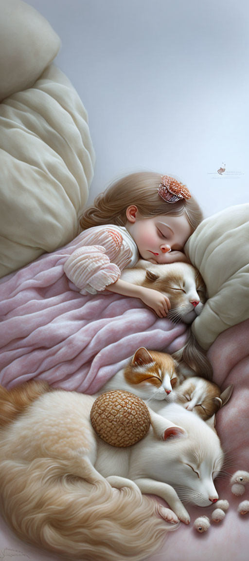 Young girl napping with four cats on bed with pink blanket