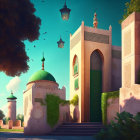 Vibrant palace with green dome, ornate gates, lanterns, and arched entrance