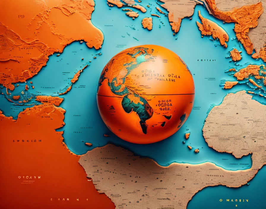 Orange Globe on Two-Tone Map with Raised Relief Showing Continents