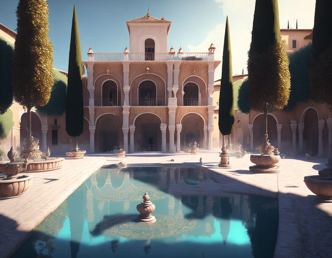 Symmetrical courtyard with tranquil pool, fountains, and ornate building