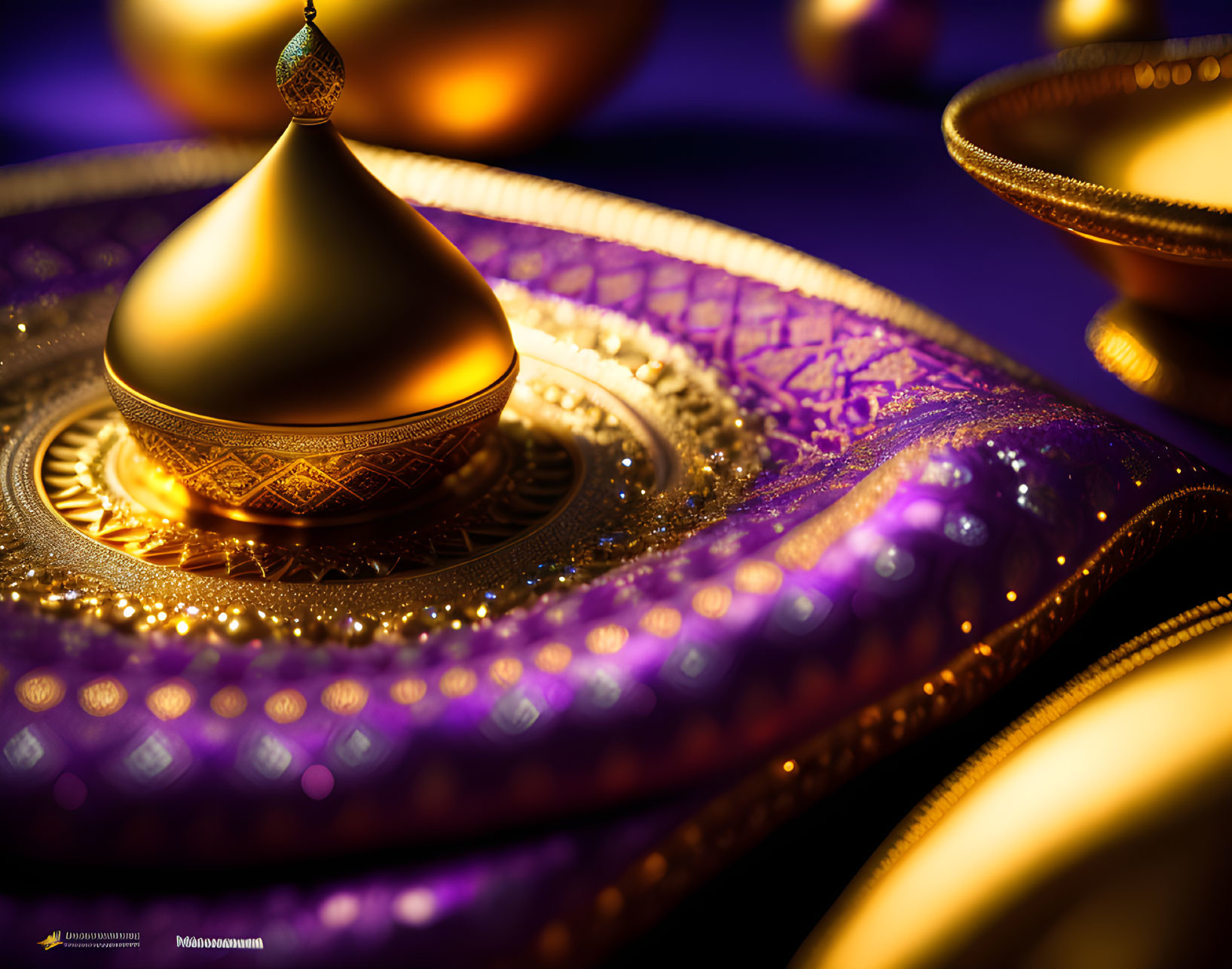 Intricate Golden and Purple Patterned Object on Decorative Background