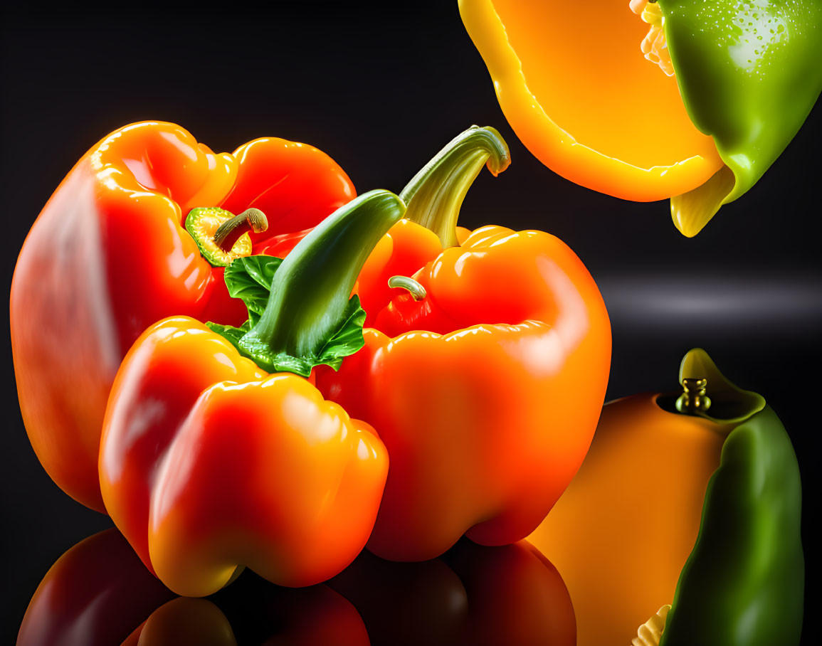 Colorful Bell Peppers on Dark Background with Sliced Segment