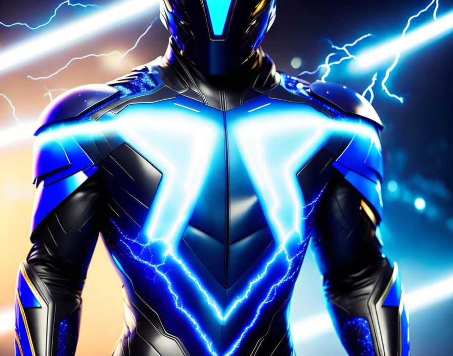 Futuristic armored suit with neon lights and lightning bolts