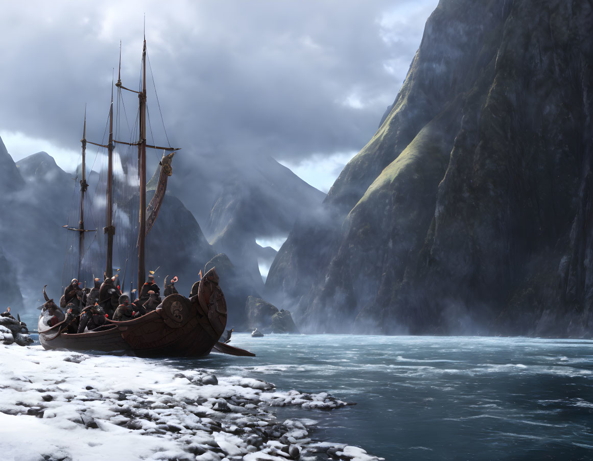 Viking longship crew navigating icy waters near fog-covered mountains